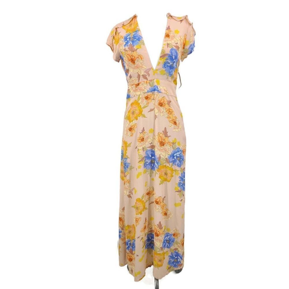 New Flynn Skye Valentina Dress Womens XS Deep V Maxi Peach Floral Rayon